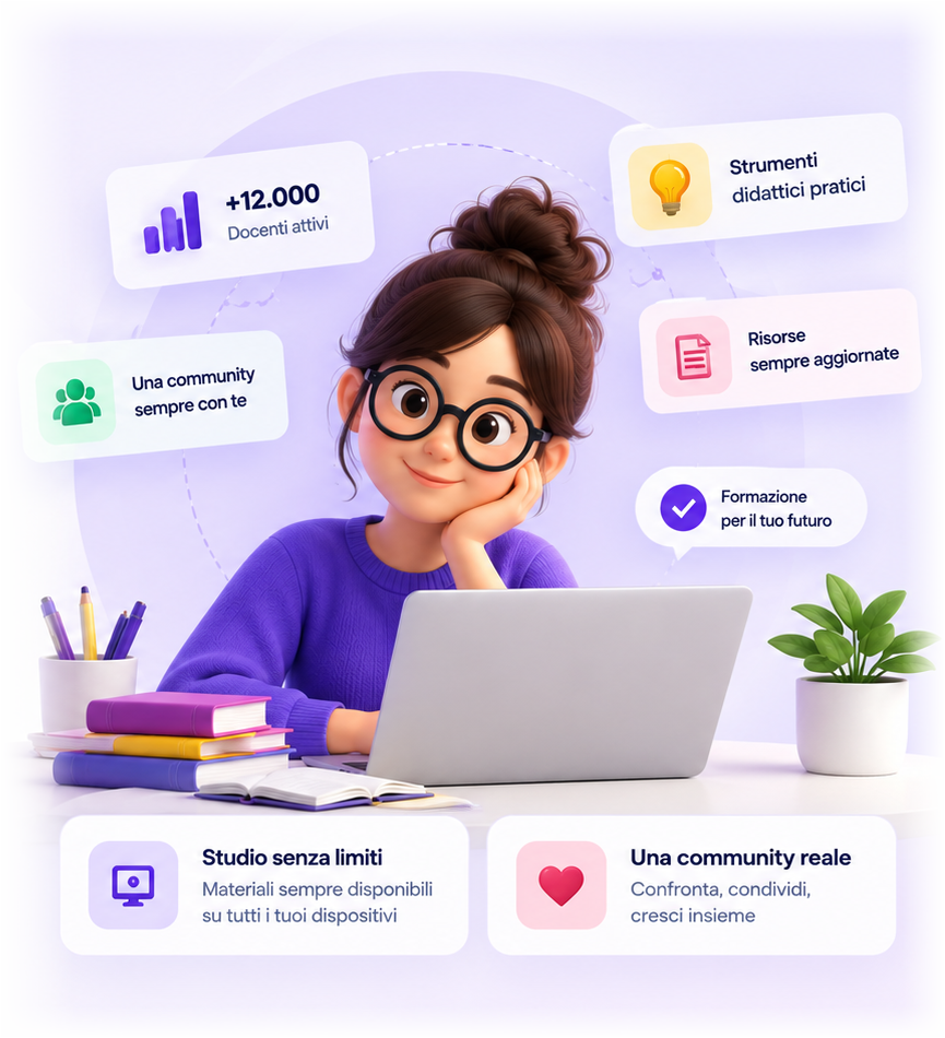 Docente al laptop con le card: +12.000 docenti attivi, una community sempre con te, strumenti didattici pratici, risorse sempre aggiornate, formazione per il tuo futuro