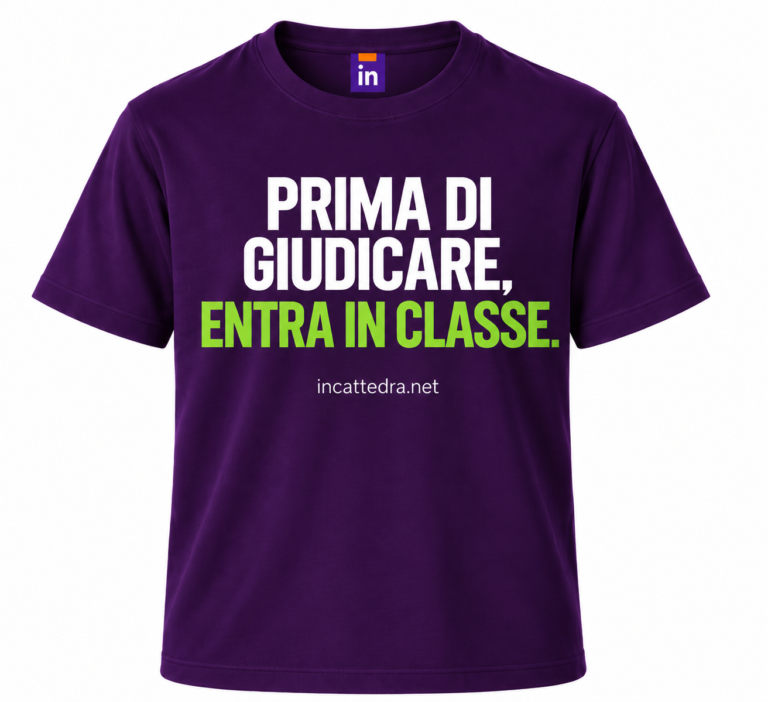 T-shirt viola InCattedra — «Prima di giudicare, entra in classe.»