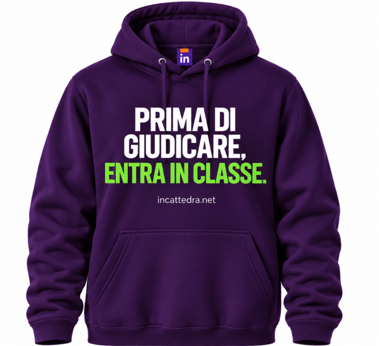 Felpa viola InCattedra — «Prima di giudicare, entra in classe.»