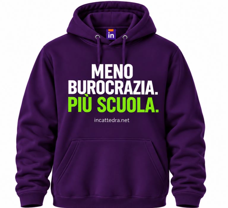 Felpa viola InCattedra — «Meno burocrazia. Più scuola.»