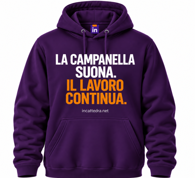 Felpa viola InCattedra — «La campanella suona. Il lavoro continua.»